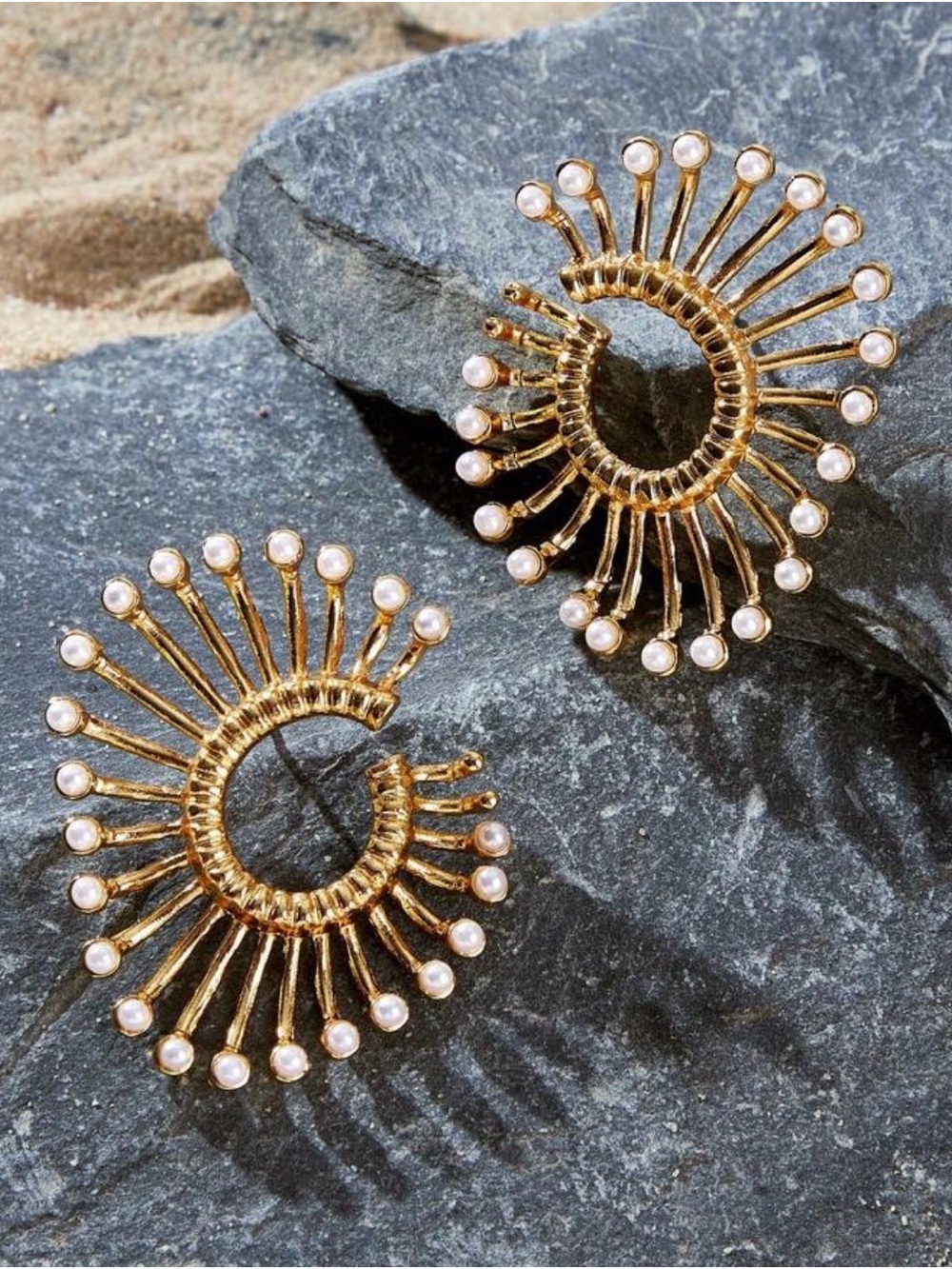 Gold Sunburst Hoop Earrings with Pearl Accents